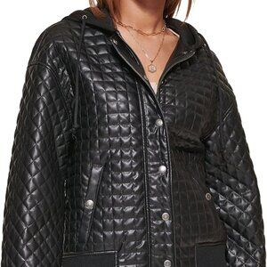 Levi's Women's Faux Leather Box Quilted Jacket with Jersey Hood, Black, Large